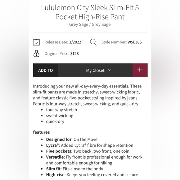 lululemon | size 28 City Sleek Slim-Fit 5 Pocket High-Rise Pant in Grey Sage - Picture 5 of 12